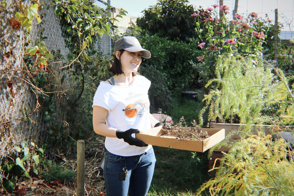 Jasmin is outdoors at a community garden holding a box of dead plant material while smiling toward the camera.