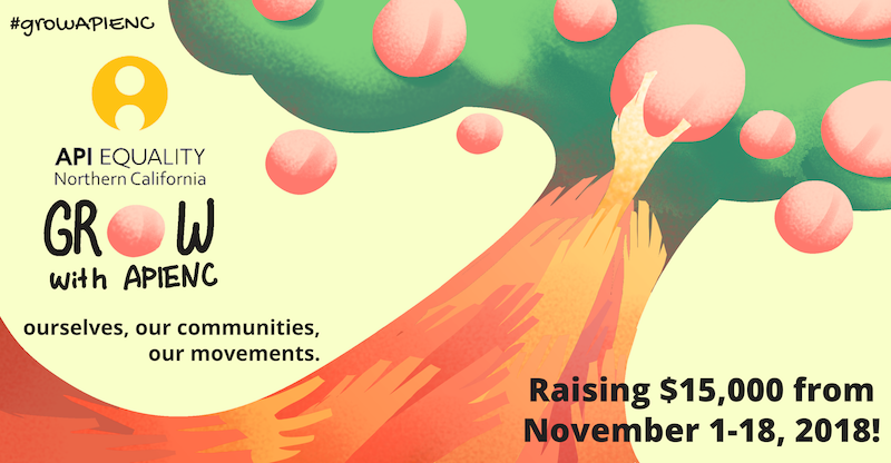 Image description: A graphic featuring a large tree with many pink fruits. Text reads “#growAPIENC, grow with APIENC: ourselves, our communities, our movements.”