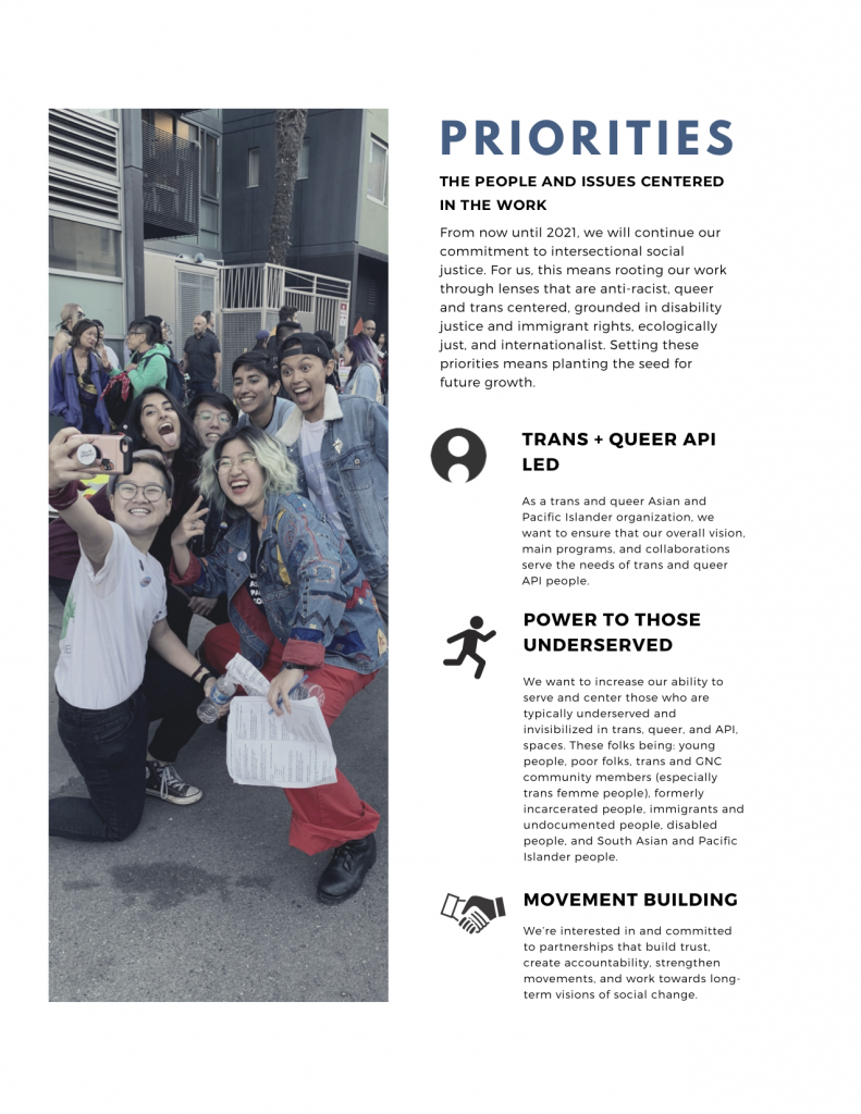 Image description: Page 3 of 2020 APIENC document titled “2020 Priorities, Directions, & Goals”. On the left is a photo of 2019 APIENC summer organizers taking a selfie on the streets at SF Trans March.