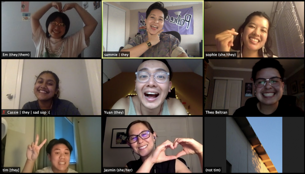 Image description: A Zoom screenshot of 8 smiling APIENC staff and summer organizers. Some are making hearts and peace signs.