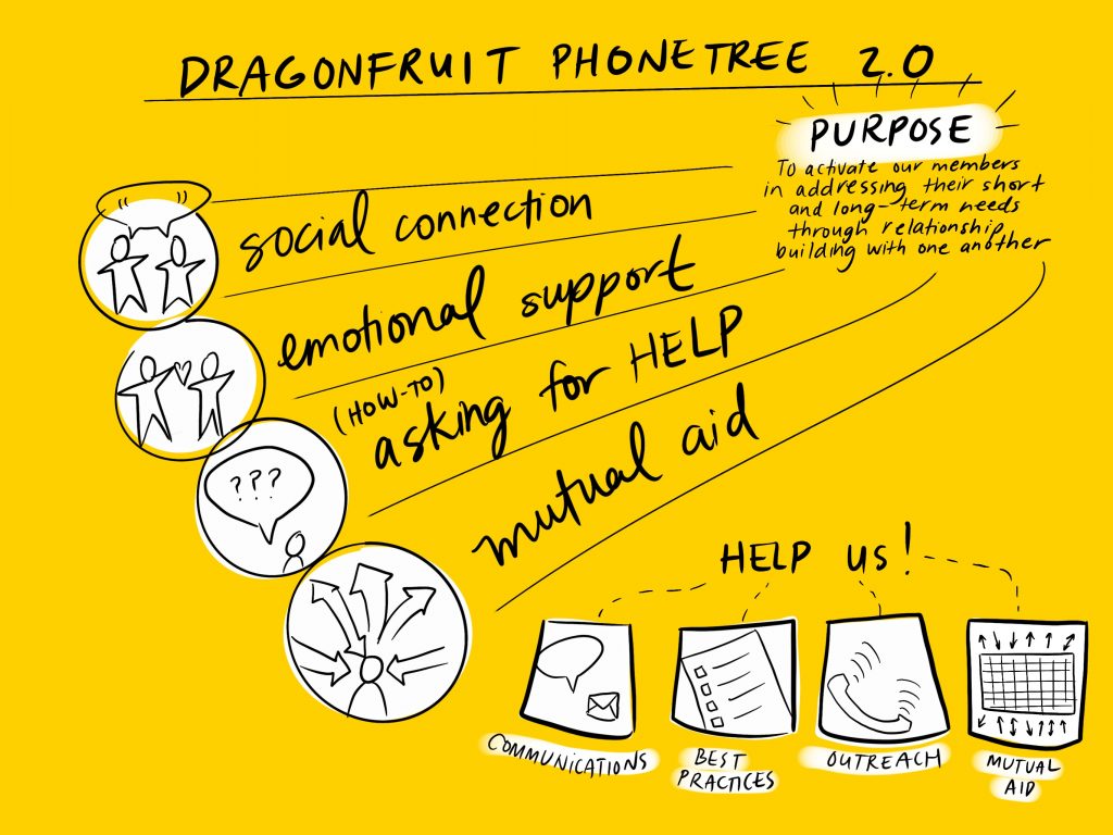 Image description: Graphic representation of Dragonfruit Phonetree 2.0. A purpose is stated at the top, followed by 4 graphical circles representing: "social connection," "emotional support," "asking for help," and "mutual aid," 4 graphical squares representing: "communications," "best practices," "outreach," and "mutual aid."