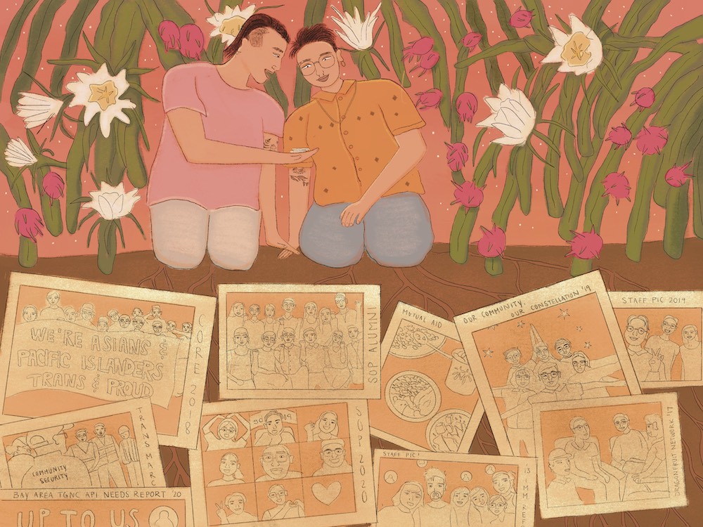 Image description: Illustration of Yuan and Sammie kneeling on the ground looking down at Yuan's hand. There are dragon fruit plants surrounding them and drawings of memorable APIENC moments laid out in front of them.