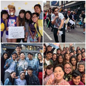Image description: 4 square images of TQAPI people participating in various APIENC events. 1st image: 6 TQAPIs smiling at 2013 SF Pride; 2nd image: Sammie marches and chants at 2017 Trans March; 3rd image: Sammie, staff and summer organizers pose outdoors at 2019 Trans March; 4th image: a large group of TGNC API people are posing and smiling indoors at the 2019 Ricebreakers event.