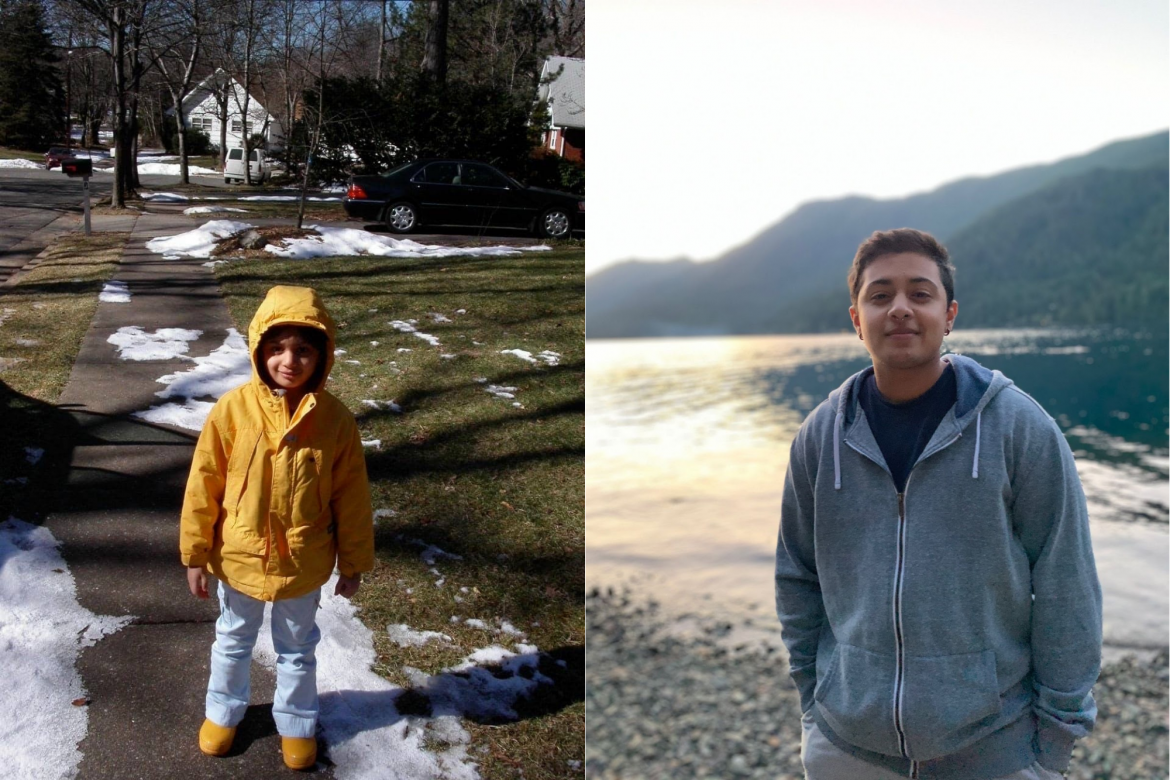 Image description: Leo as a child wearing a yellow raincoat and boots next to Leo as an adult standing in front of a lake.