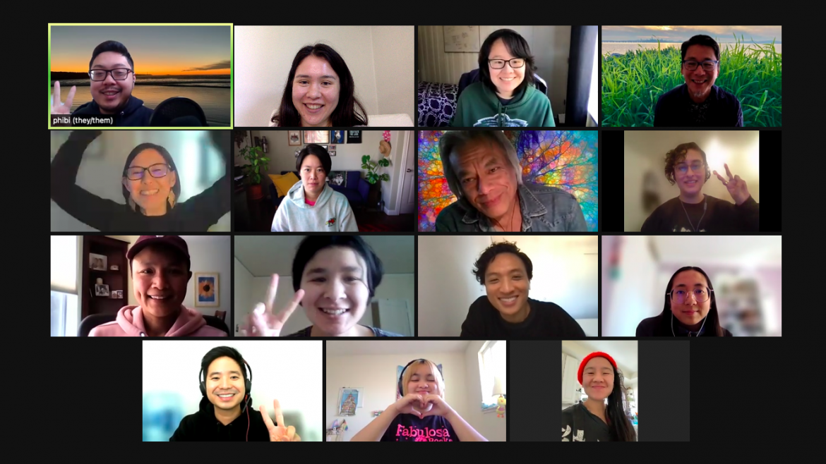 Image description: A screen shot of a Zoom meeting with 15 trans and queer API Healing Justice committee members smiling.