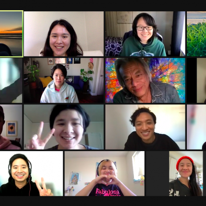 Image description: A screen shot of a Zoom meeting with 15 trans and queer API Healing Justice committee members smiling.