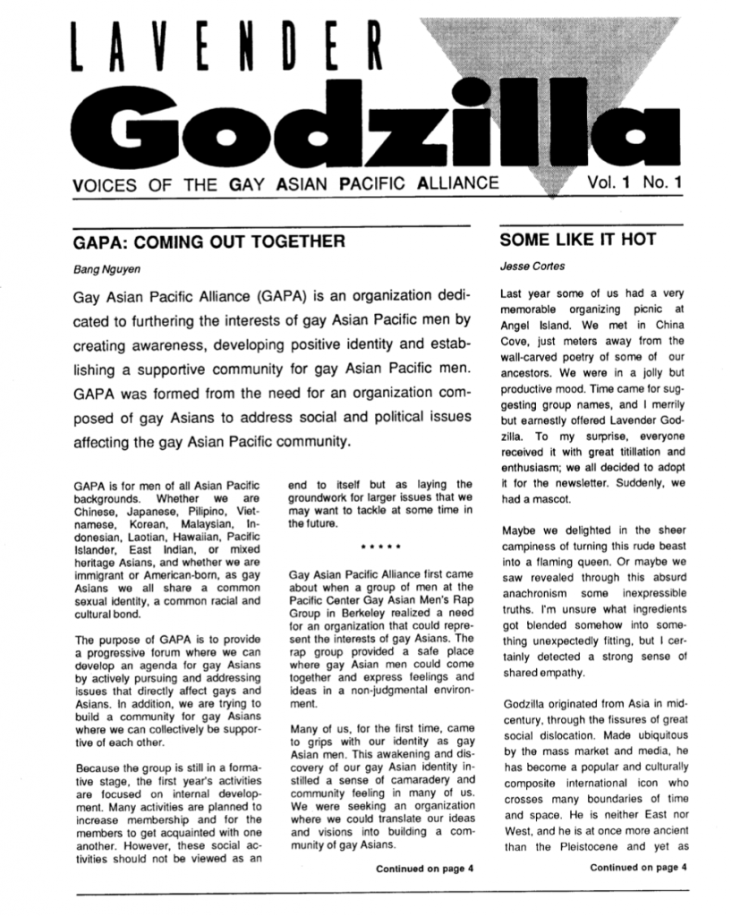 Image description: Black-and-white newsletter that says "Lavender Godzilla." (Image provided by Dino Duazo.)