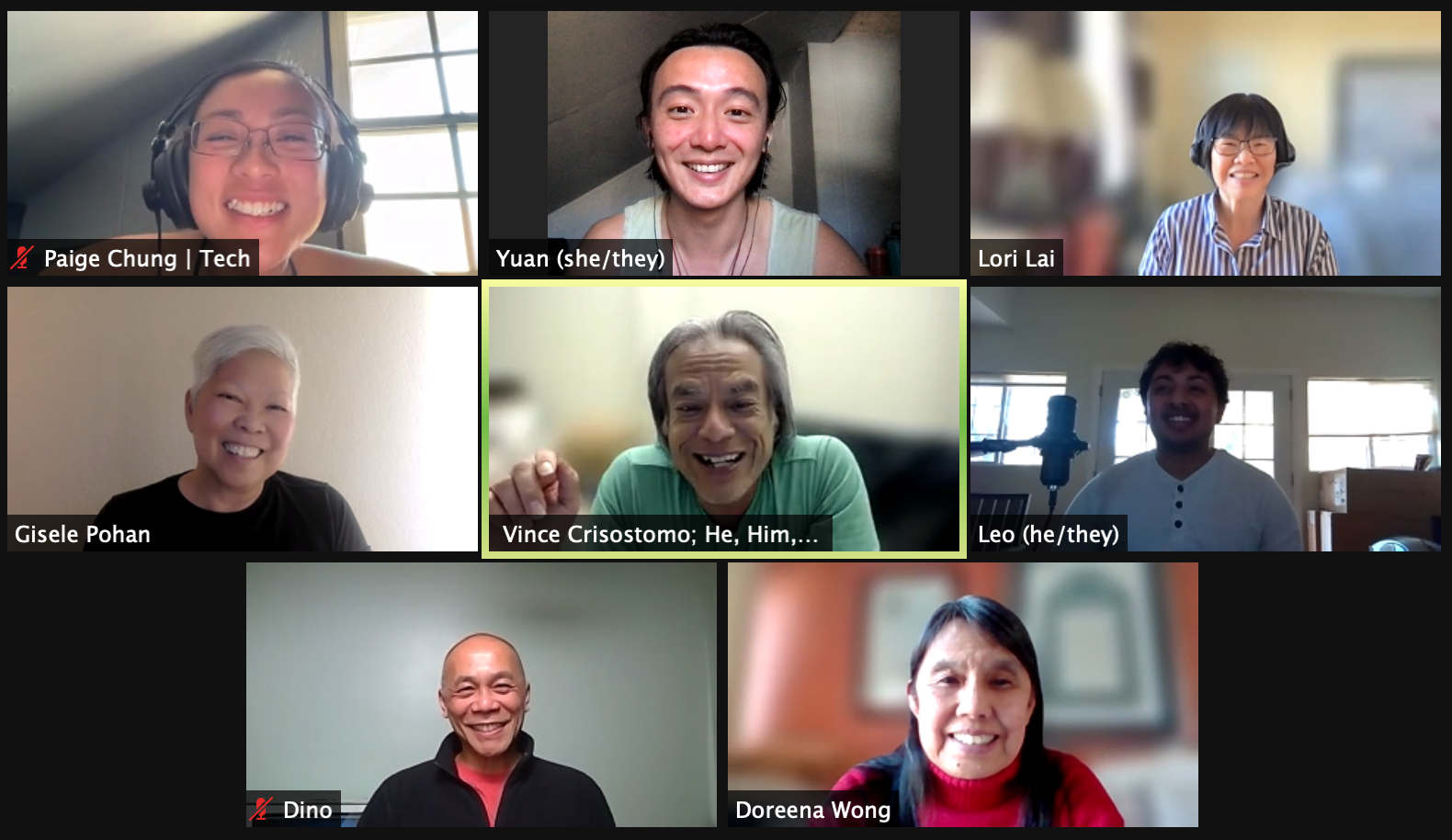 Image description: a group of 8 queer APIs smiling around a Zoom call.