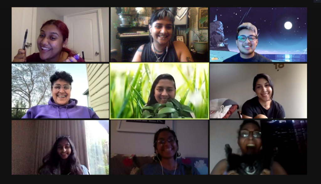 Image: a group of 9 trans and queer South Asians smile at the camera on Zoom. Shivani is in a purple sweater on the left-center tile.