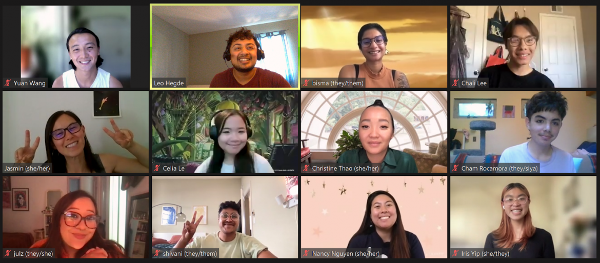 image description: Screenshot of 2022 Summer Organizer Day 1 Program participants, smiling on the zoom screen. Pictured from left to right, top to bottom: Yuan, Leo, Bisma, Chali, Jasmin, Celia, Christine, Cham, Julz, Shivani, Nancy, and Iris.