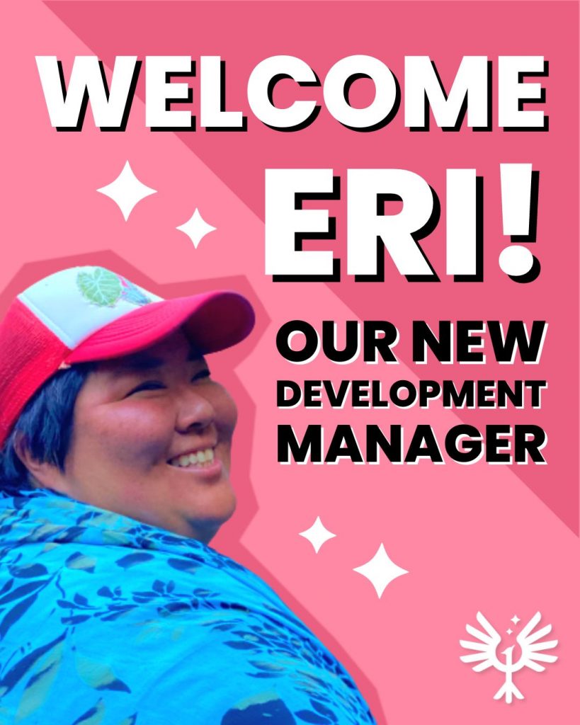 Image description: on a pink background bold text says "WELCOME ERI! OUR NEW DEVELOPMENT MANAGER" and Eri in a blue outfit and a red cap smiles at the camera.
