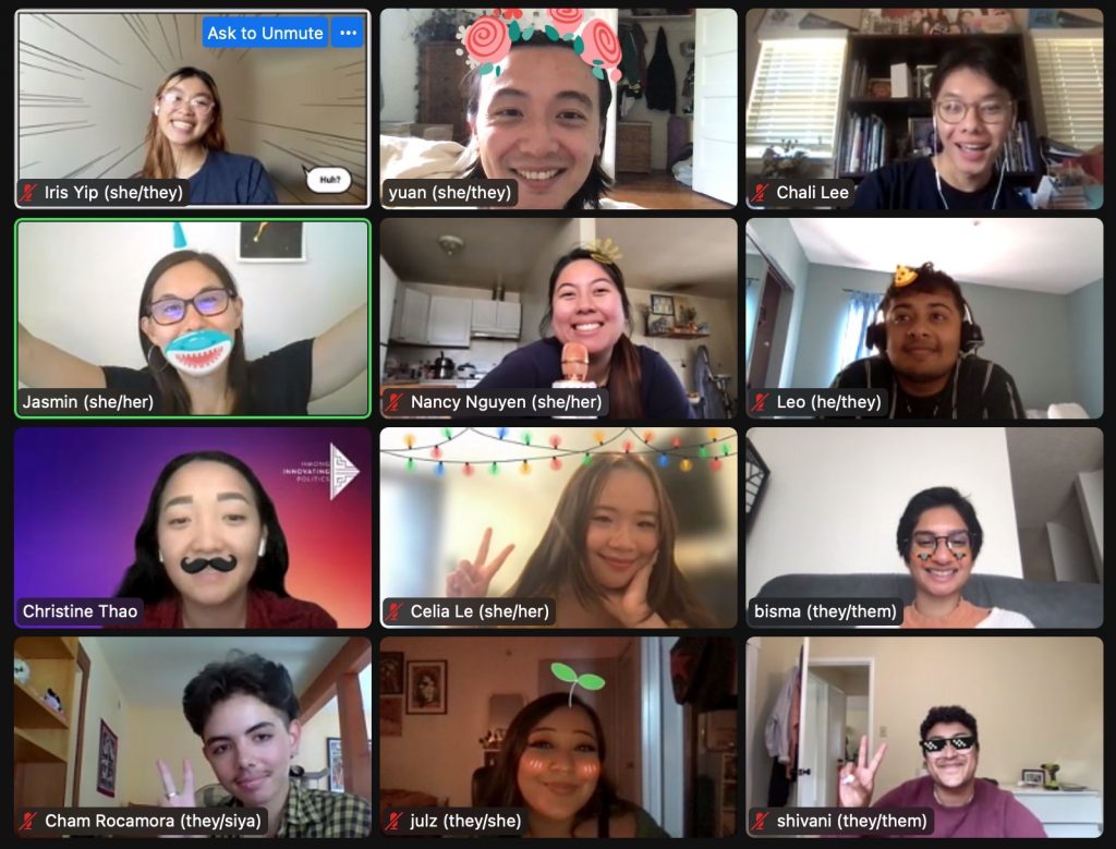 Image: 12 trans and queer APIs smile and pose together on Zoom.