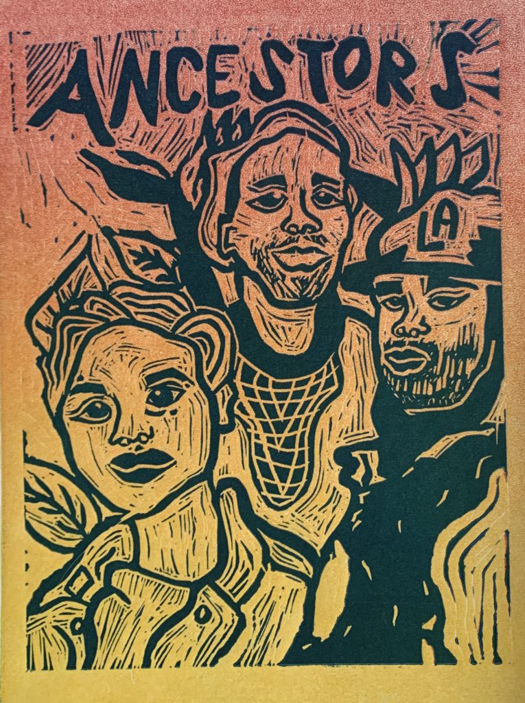 lino-double drop print from "Ancestors too Young" series by phul, featuring Jaxon Sales, Tortuguita, and Tyre Nichols.