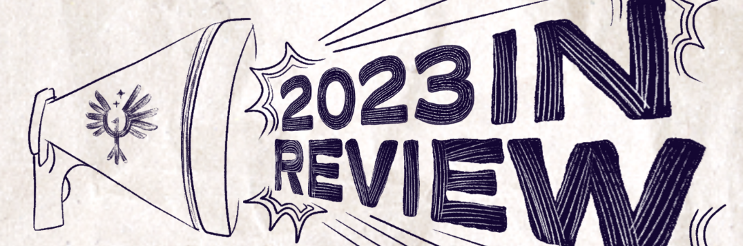 on a grey background illustrated the text “LAVENDER PHOENIX: 2023 IN REVIEW” with some text emerging from a megaphone.