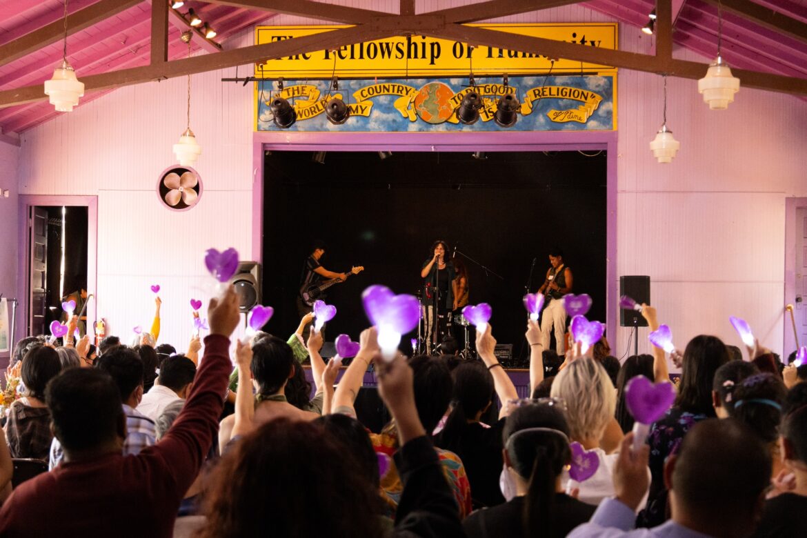 Image description: a crowd of people hold purple heart-shaped lights in the air.