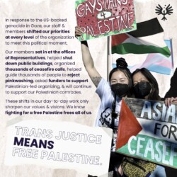 a photo of two QTAPIs holding signs, with a Palestinian flag and a transgender flag waving behind them. Small text describes specific actions LavNix staff and members took in support of ceasefire (detailed in the attached letter). Bold text at the bottom reads “TRANS JUSTICE MEANS FREE PALESTINE.”