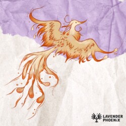 on a purple and white background is a bright orange illustration of a phoenix. In the bottom right corner is LavNix’s logo in black font.
